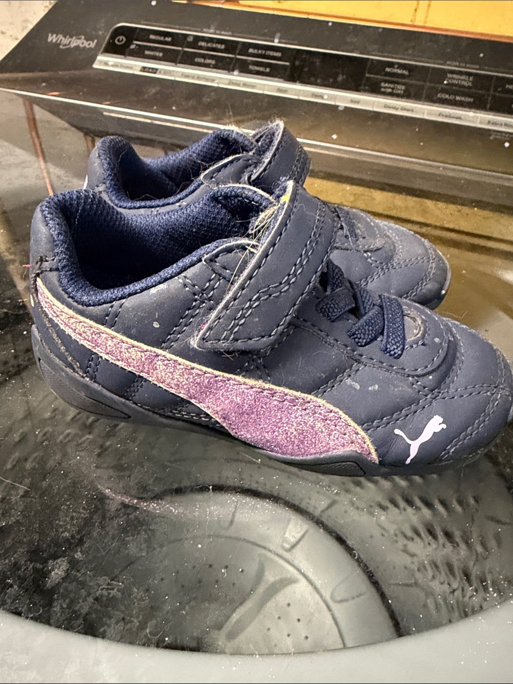 Puma Navy Kids Sneakers with Purple Glitter Stripe